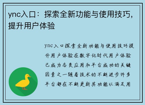 ync入口：探索全新功能与使用技巧，提升用户体验